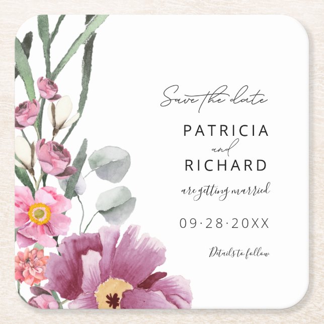 Watercolor Wildflowers Wedding Save The Date Square Paper Coaster (Front)