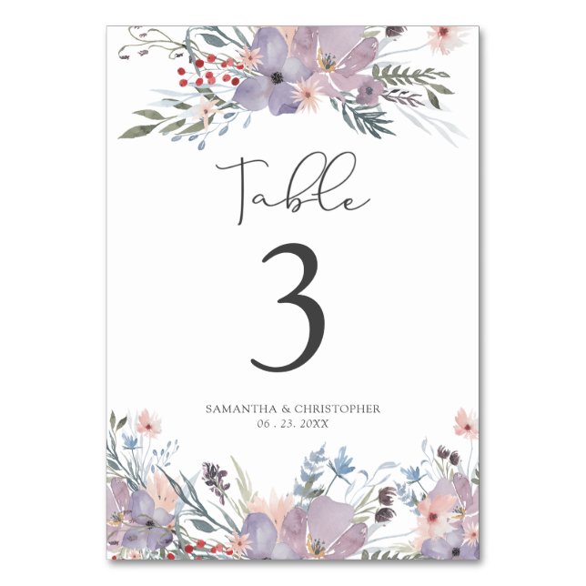 Watercolor Wildflowers Wedding Table Number (Front)