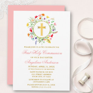 Watercolor Wildflowers Wreath Gold Pink Communion Invitation
