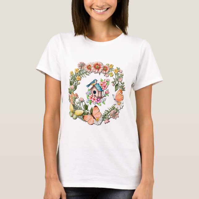 Watercolor Wildflowers Wreath with Butterflies T-Shirt (Front)