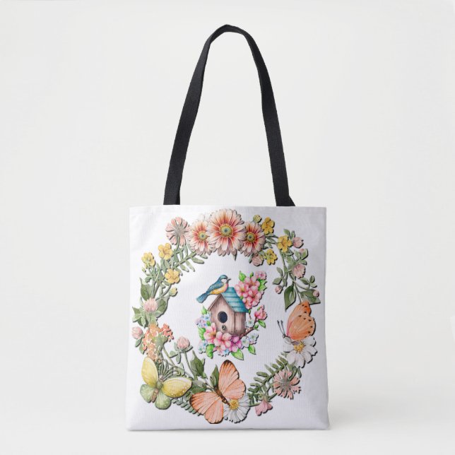 Watercolor Wildflowers Wreath with Butterflies Tote Bag (Front)