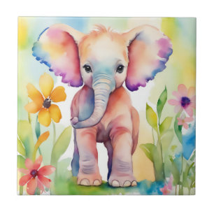 Watercolor Wildlife Elephant Ceramic Tile