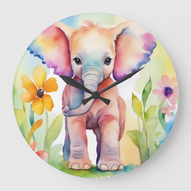 Watercolor Wildlife Elephant Large Clock (Front)