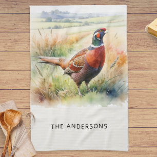 Watercolor Wildlife Pheasant Print Personalised Tea Towel