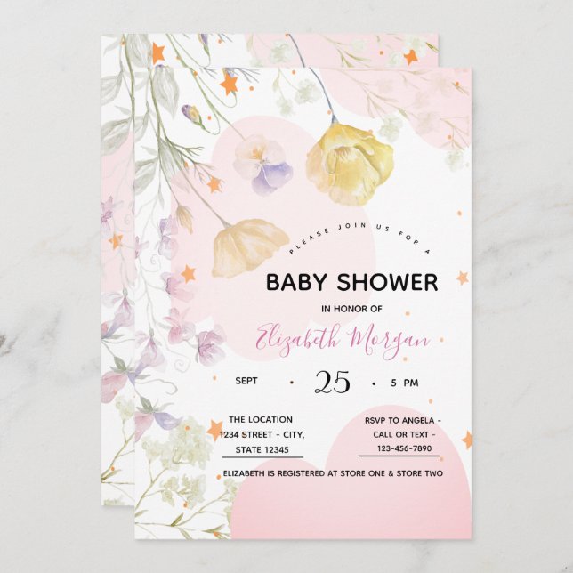 Watercolor Wilflowers,Stars,Clouds Invitation (Front/Back)