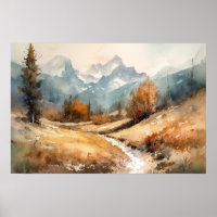 Watercolor winding path mountain foothills winter