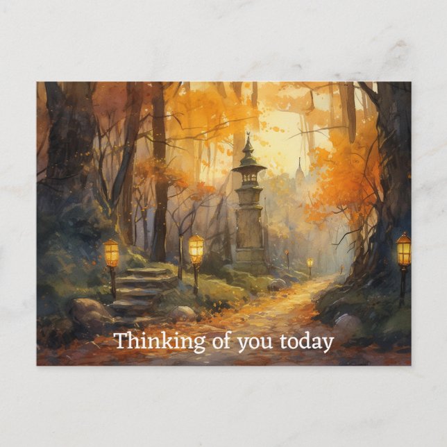 Watercolor winding path through fall woods at dusk postcard (Front)