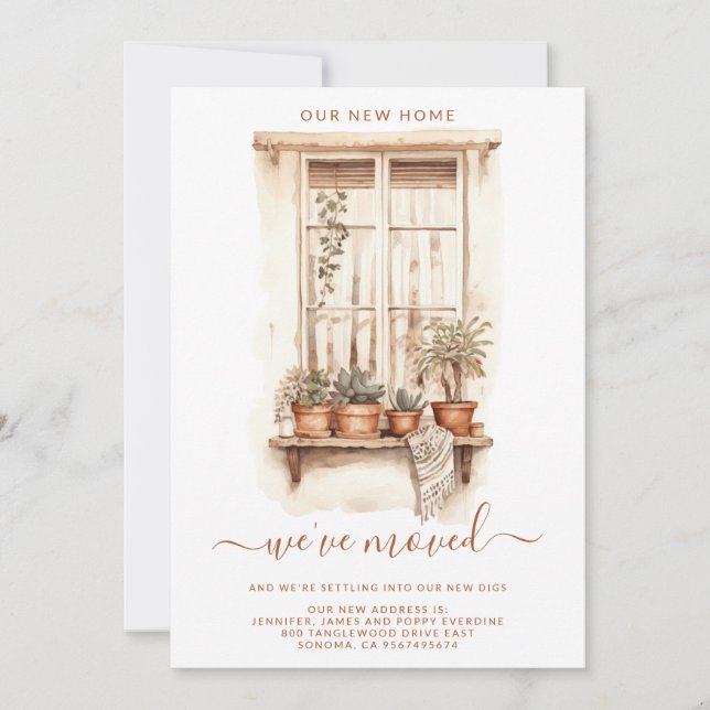Watercolor Window and Potted Plants Moving  Announcement (Front)