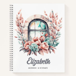 Watercolor Window with Pink Flowers and Succulents Notebook