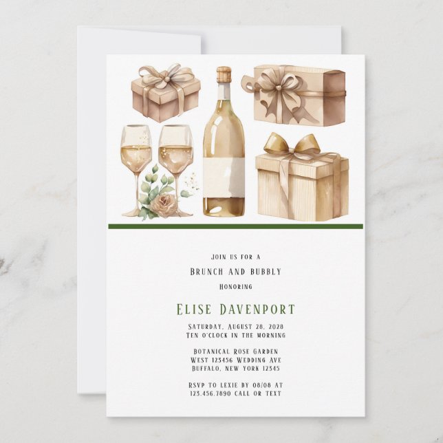 Watercolor Wine Bottle and Glasses Brunch & Bubbly Invitation (Front)