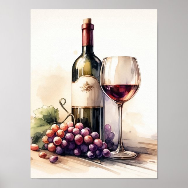 Watercolor Wine Bottle and Grapes Poster (Front)