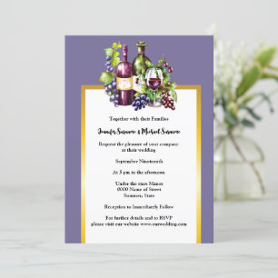 Watercolor wine glass grapes purple gold winery invitation