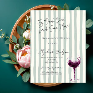 Watercolor Wine Glass Green Striped Bridal Shower Invitation