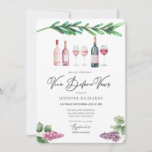 Watercolor Wine | Grapes | Modern Bridal Shower Invitation (Front)