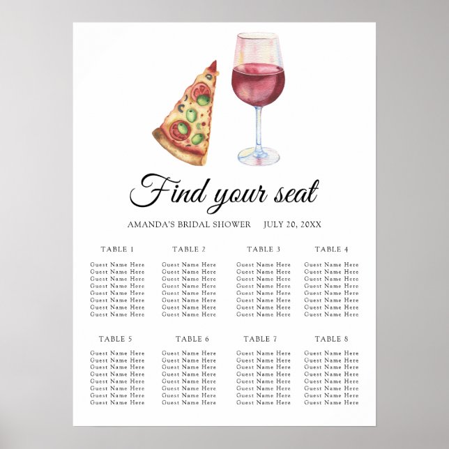 Watercolor Wine & Pizza Wedding seating chart (Front)
