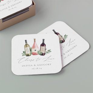 Watercolor Wine Trio   Botanical Cheers to Love Square Paper Coaster