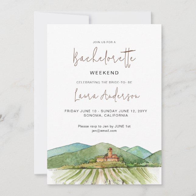 Watercolor Winery Bachelorette weekend Party Invitation (Front)