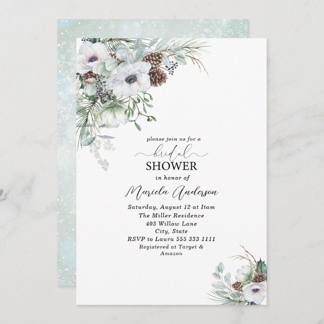  Watercolor Winter Anemones Flowers   Bridal Showe Invitation (Front/Back)