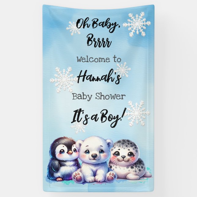 Watercolor Winter Animals Polar Baby Shower Banner (Vertical)