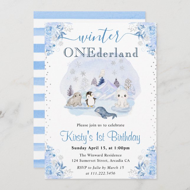 Watercolor Winter Arctic Animals 1st Birthday Invitation (Front/Back)