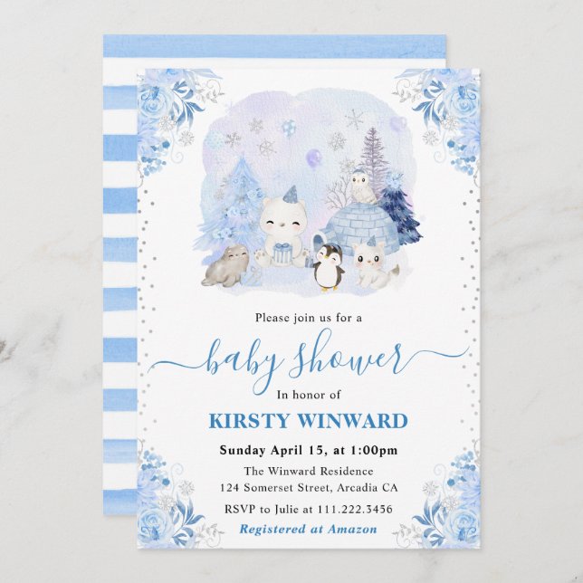 Watercolor Winter Arctic Animals Baby Shower Invitation (Front/Back)