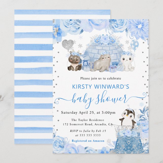 Watercolor Winter Arctic Animals Baby Shower Invitation (Front/Back)