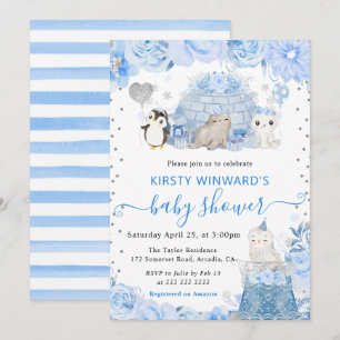 Watercolor Winter Arctic Animals Baby Shower Invitation