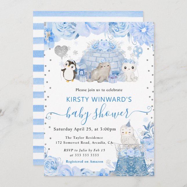 Watercolor Winter Arctic Animals Baby Shower Invitation (Front/Back)