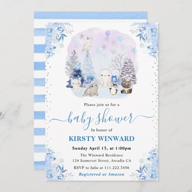 Watercolor Winter Arctic Animals Baby Shower Invitation (Front/Back)