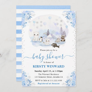 Watercolor Winter Arctic Animals Baby Shower Invitation