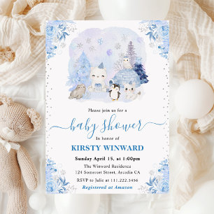 Watercolor Winter Arctic Animals Baby Shower Invitation