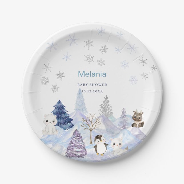   Watercolor Winter Arctic animals  baby shower  Paper Plate (Front)