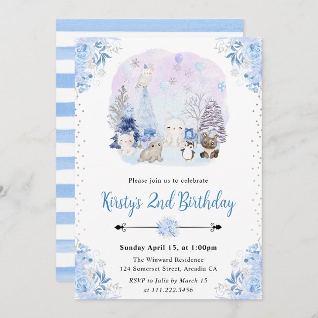 Watercolor Winter Arctic Animals Birthday Party Invitation (Front/Back)