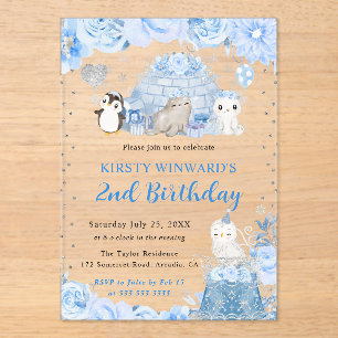 Watercolor Winter Arctic Animals Kids Birthday Acrylic Invitations