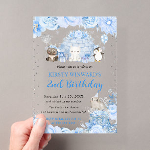 Watercolor Winter Arctic Animals Kids Birthday Acrylic Invitations