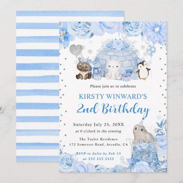 Watercolor Winter Arctic Animals Kids Birthday Invitation (Front/Back)