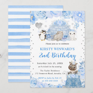 Watercolor Winter Arctic Animals Kids Birthday Invitation
