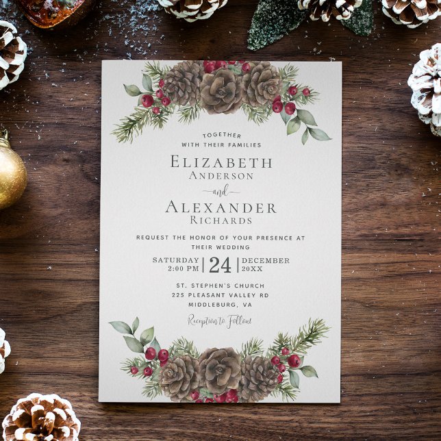 Watercolor Winter Berries Pine Christmas Wedding Invitation (Creator Uploaded)