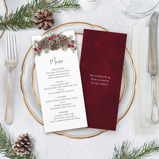 Watercolor Winter Berries Pine Christmas Wedding Menu (Creator Uploaded)