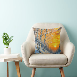 Watercolor Winter Birch Trees Cushion