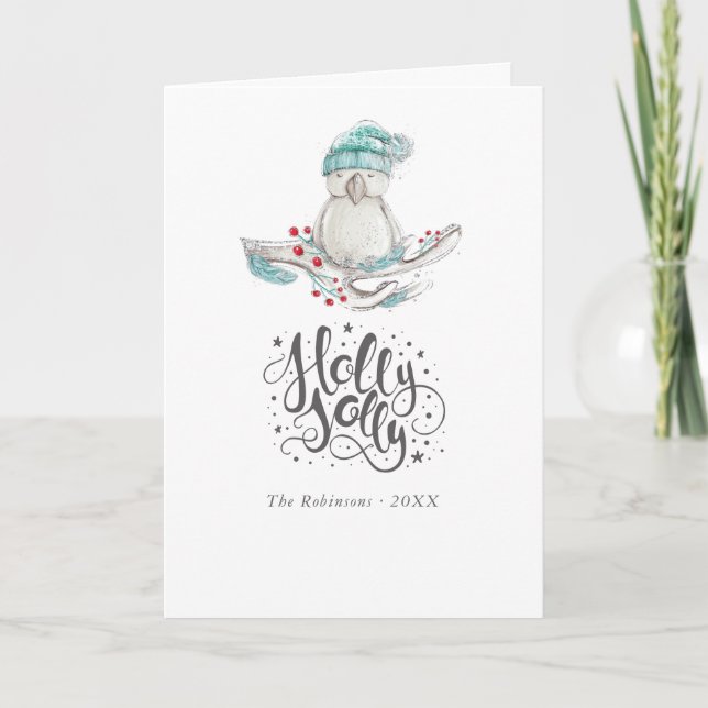 Watercolor Winter Bird Christmas photo Holiday Card (Front)