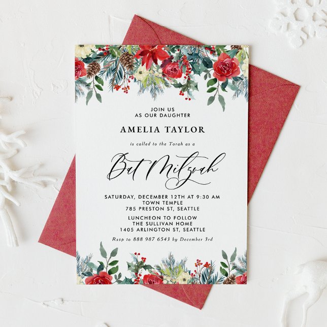 Watercolor Winter Blooms Floral Bat Mitzvah Invitation (Creator Uploaded)