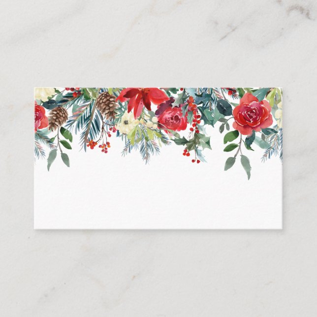 Watercolor Winter Blooms Garland Botanical Wedding Place Card (Front)