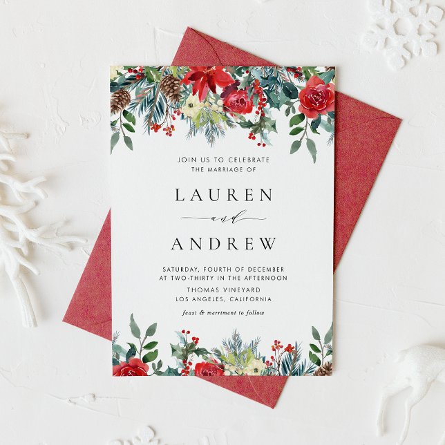 Watercolor Winter Blooms Garland QR Code Wedding Invitation Postcard (Watercolor Winter Blooms Garland Floral Wedding Invitation Postcard)