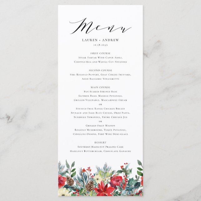 Watercolor Winter Blooms Garland Wedding Menu (Front)