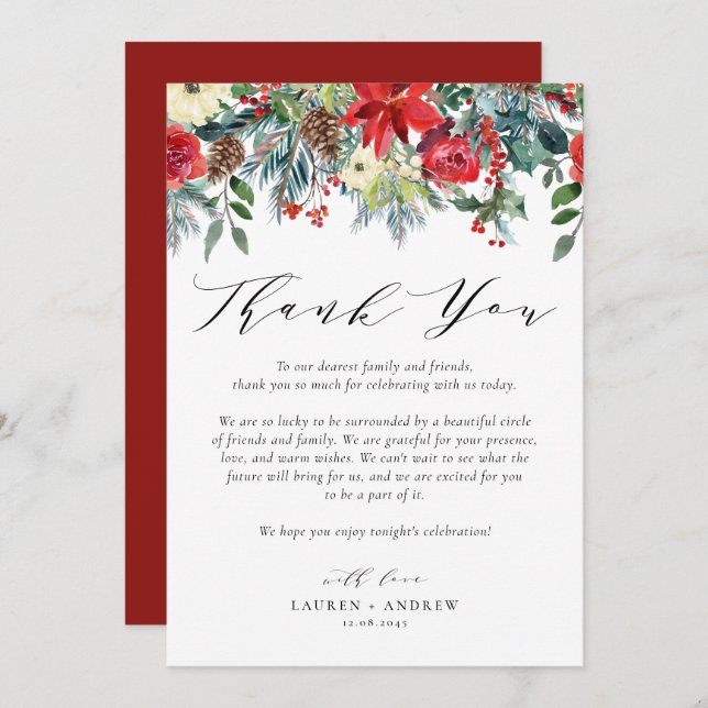 Watercolor Winter Blooms Garland Wedding Thank You Card (Front/Back)