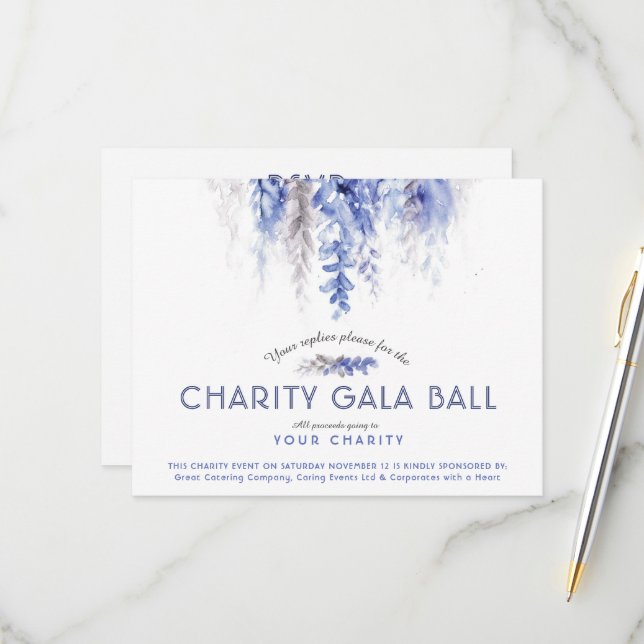Watercolor winter blue evening charity gala event RSVP card (Front/Back In Situ)