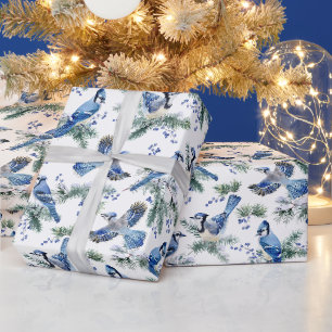 Watercolor Winter Blue Jay Christmas Snowy Pine Wrapping Paper
