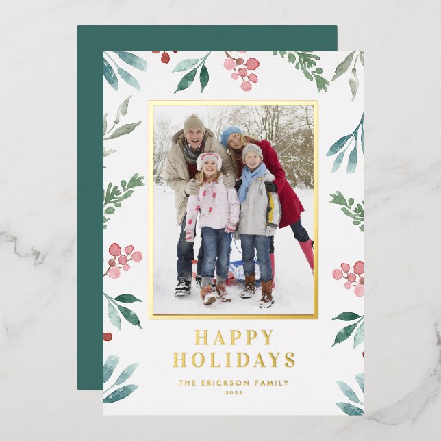 Watercolor Winter Botanical Frame Photo Foil Holiday Card (Front/Back)