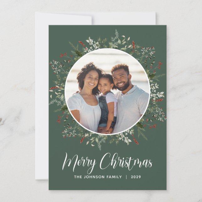 Watercolor Winter Botanical Photo Green Holiday Card (Front)
